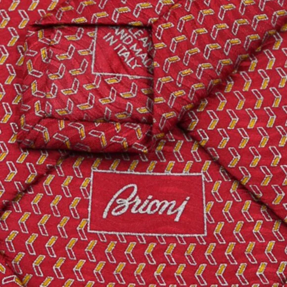 NEW $295 Brioni Red W/ Gold and Silver Design Made in Italy Long Satin Silk Tie